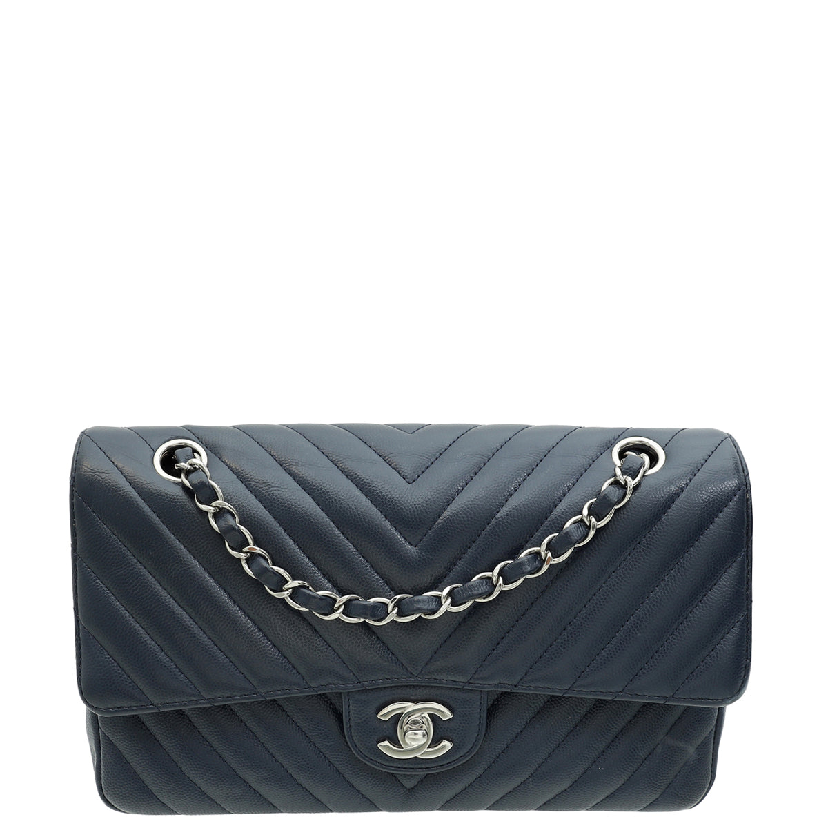 Chanel Navy Blue CC Classic Chevron Double Flap Medium Bag