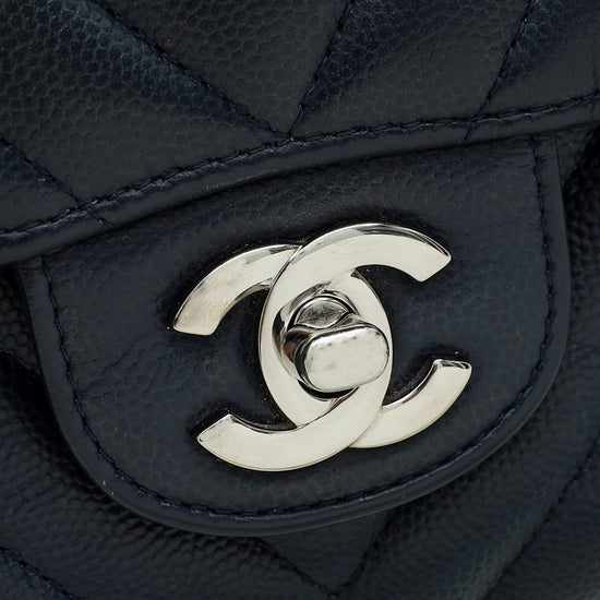 Chanel Navy Blue CC Classic Chevron Double Flap Medium Bag