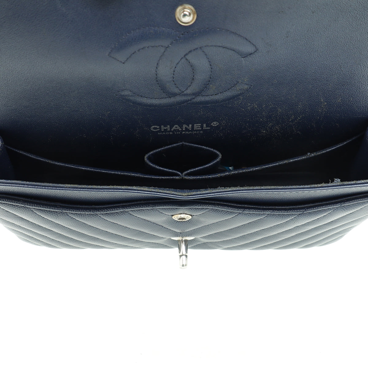 Chanel Navy Blue CC Classic Chevron Double Flap Medium Bag