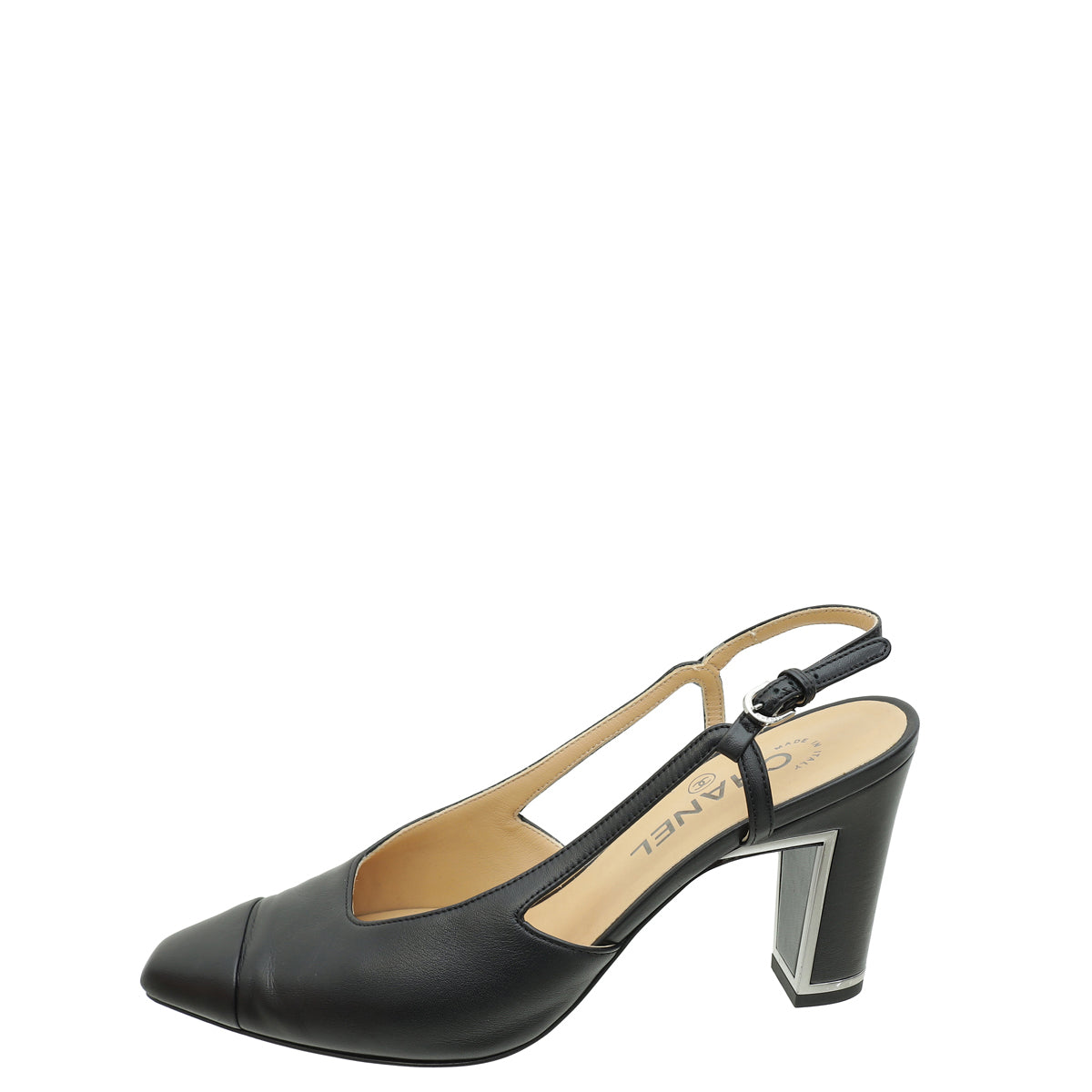 Chanel Black CC Cap Toe Metal Edges Slingback Pump 38