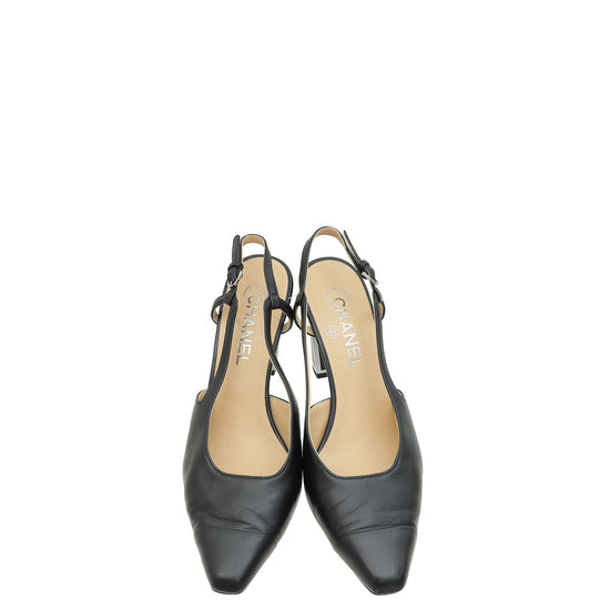 Chanel Black CC Cap Toe Metal Edges Slingback Pump 38