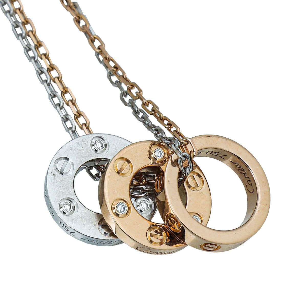 Cartier 18K White-Pink Gold Diamond Double Chain Love 3 Circles Pendant