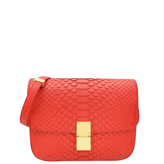 Celine Red Classic Box Python Medium Bag