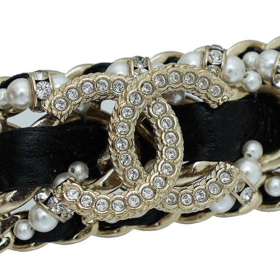 Chanel Black CC Braided Pearl Chain Hair Clip