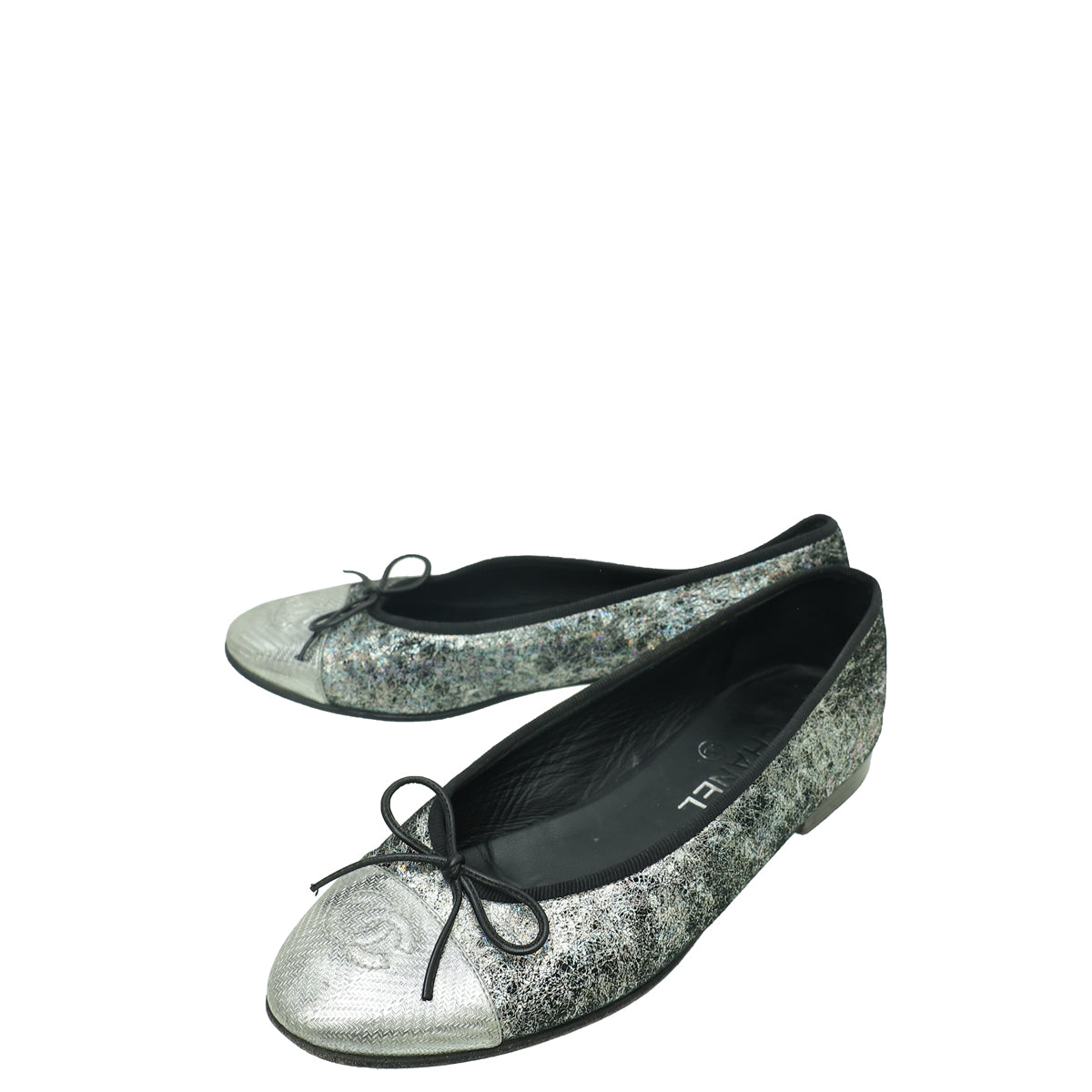 Chanel Metallic Silver Holographic Textured Suede CC Cap Toe Ballet Flats 37