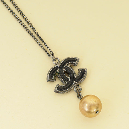 Chanel Black CC Enamel Pearl Drop Chain Necklace