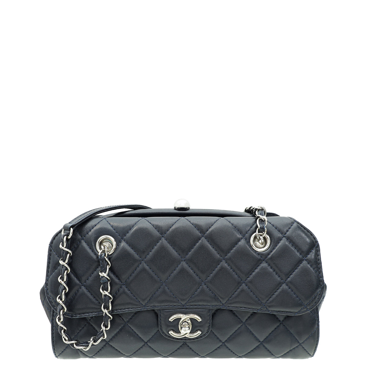 Chanel Navy Blue CC Kisslock Frame Compartment Bag