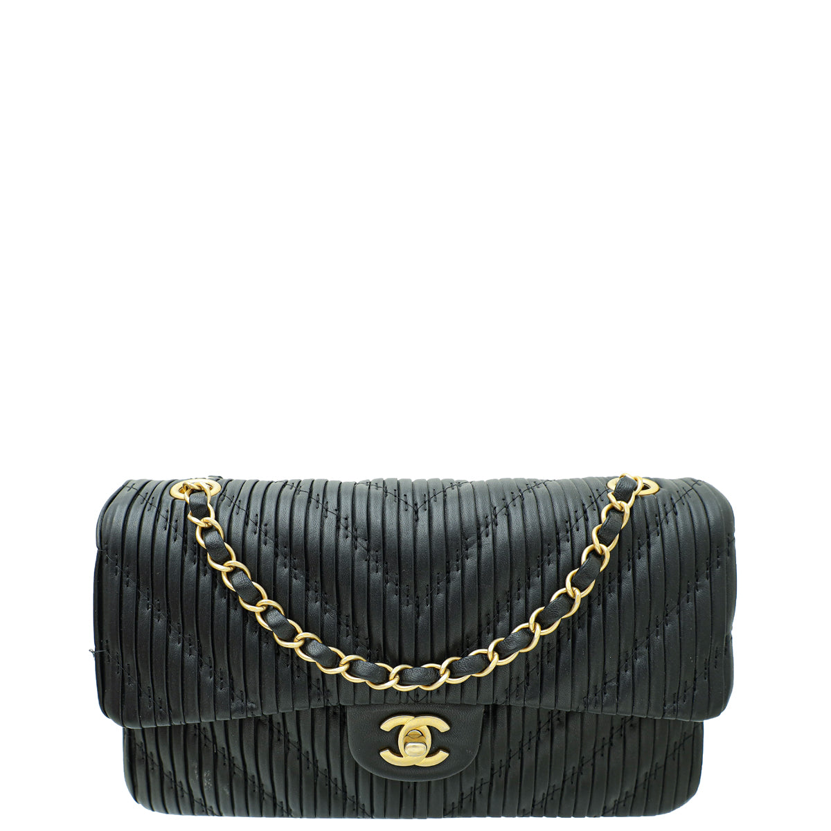 Chanel Black CC Pleated Chevron Classic Double Flap Medium Bag-Chanel-THE CLOSET
