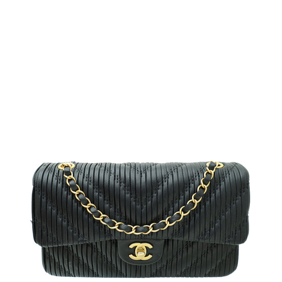Chanel Black CC Pleated Chevron Classic Double Flap Medium Bag