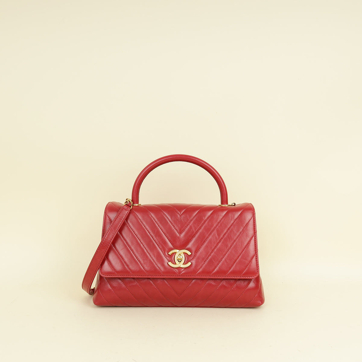 Chanel Red CC Coco Handle Chevron Flap Bag