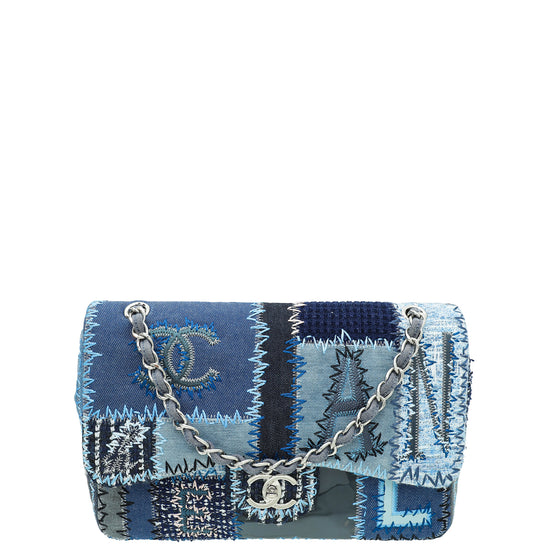 Chanel Blue CC Denim Patch Work Single Flap Jumbo Bag