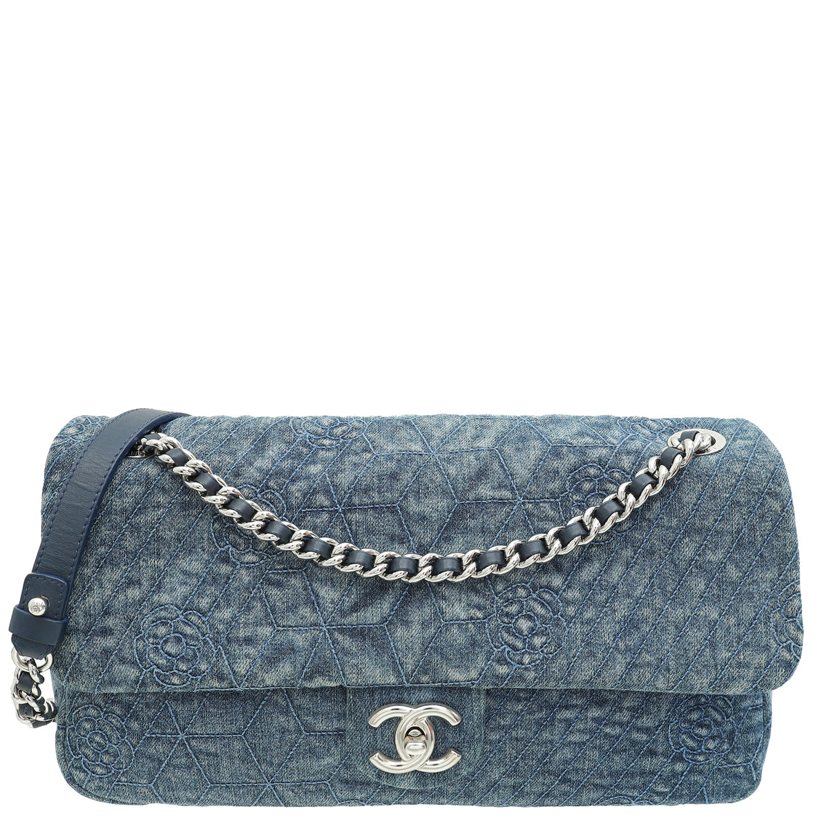 Chanel Navy Blue CC Denim Camellia Flower Embroidered Maxi Flap Bag-Chanel-THE CLOSET