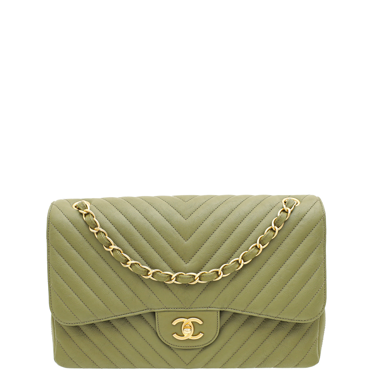 Chanel Olive Green Chevron Classic Double Flap Jumbo Bag