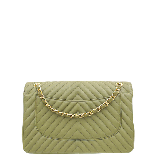 Chanel Olive Green Chevron Classic Double Flap Jumbo Bag