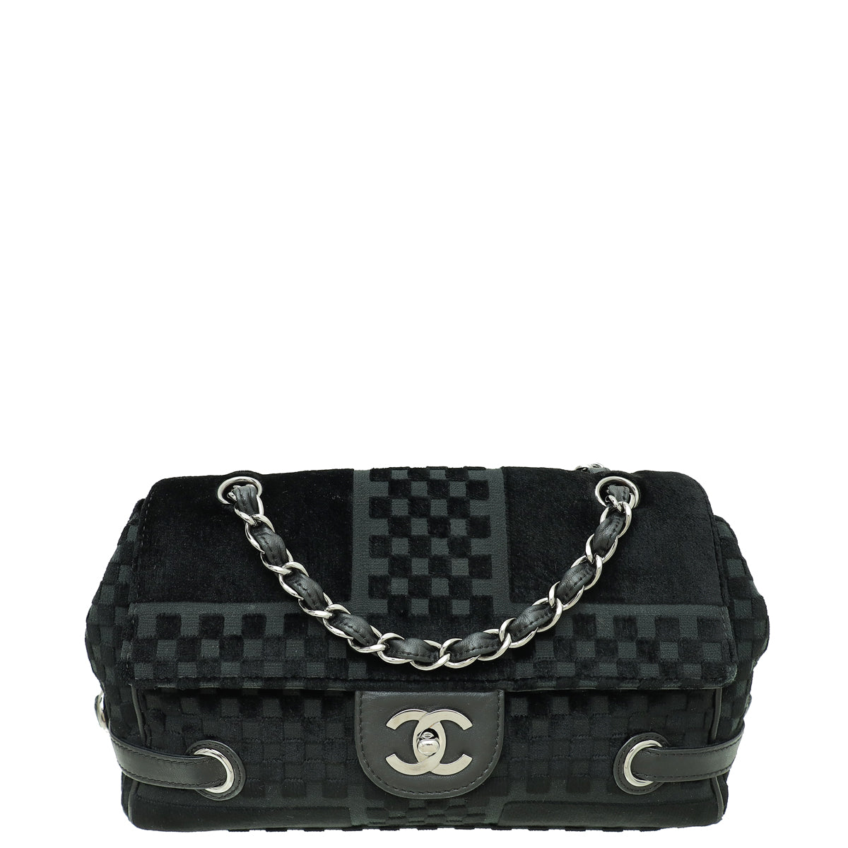 Chanel Black Check Embossed Velvet Side Belted Shoulder Bag-Chanel-THE CLOSET