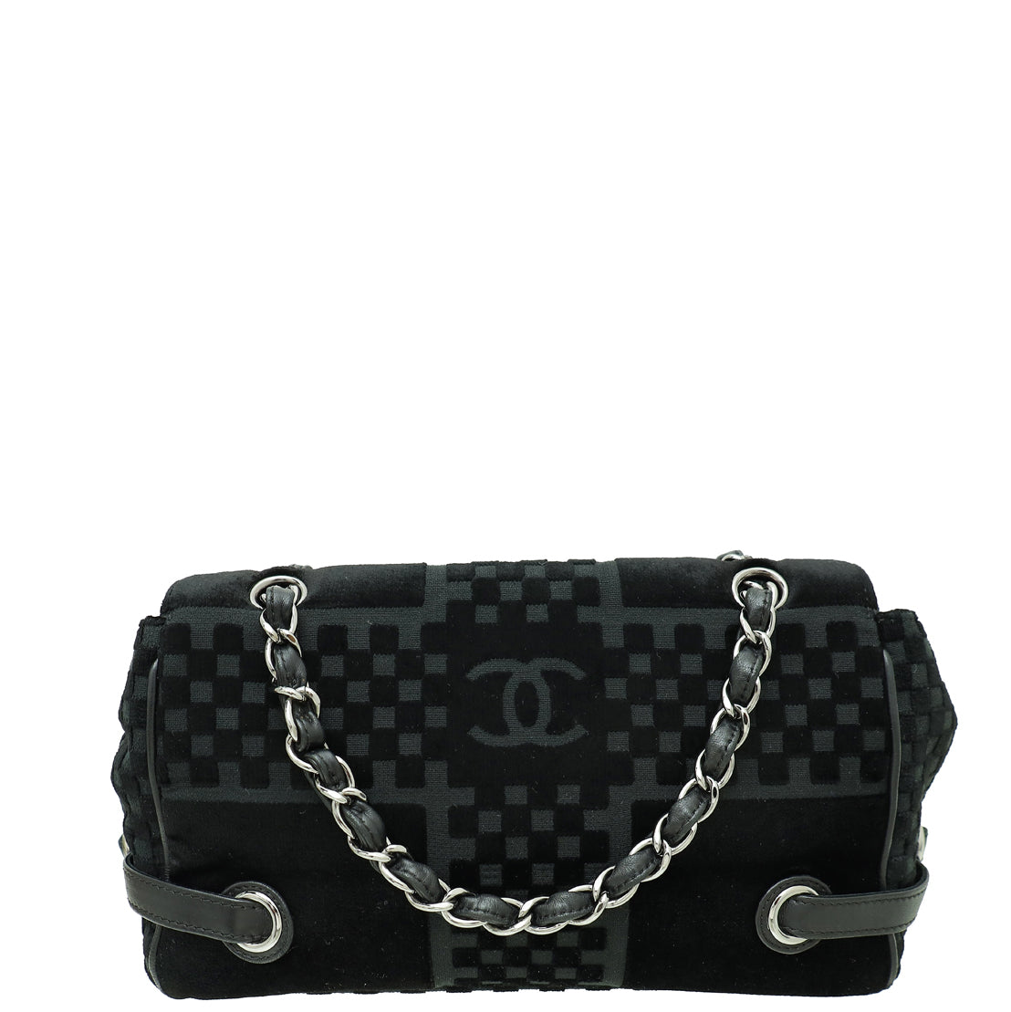 Chanel Black Check Embossed Velvet Side Belted Shoulder Bag-Chanel-THE CLOSET