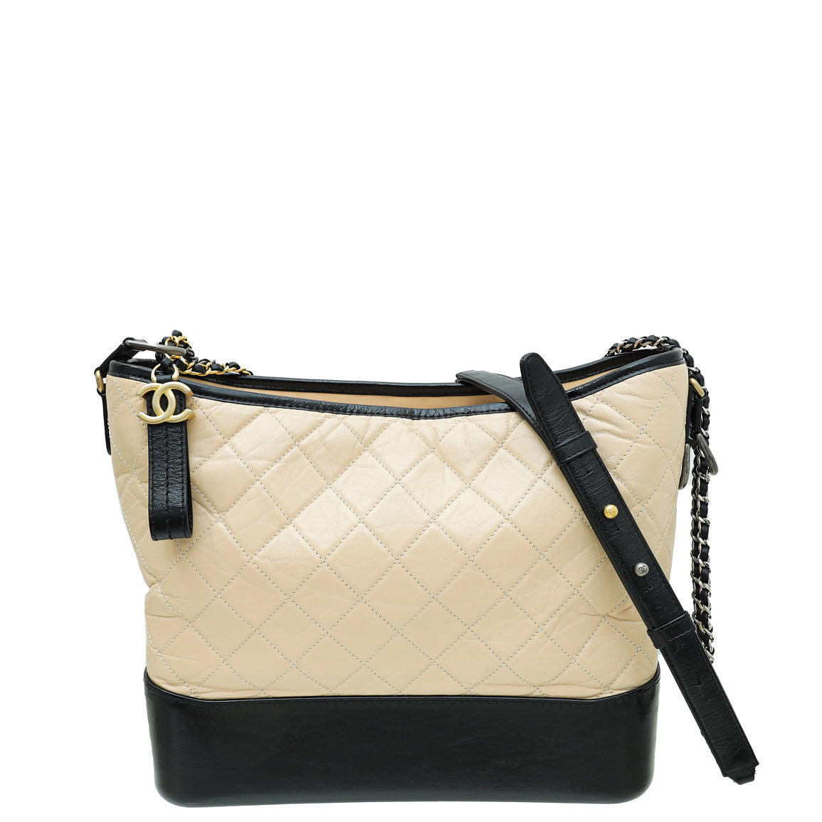 Chanel CC Quilted Gabrielle Large Hobo Shoulder Bag Calfskin Leather Beige  Black