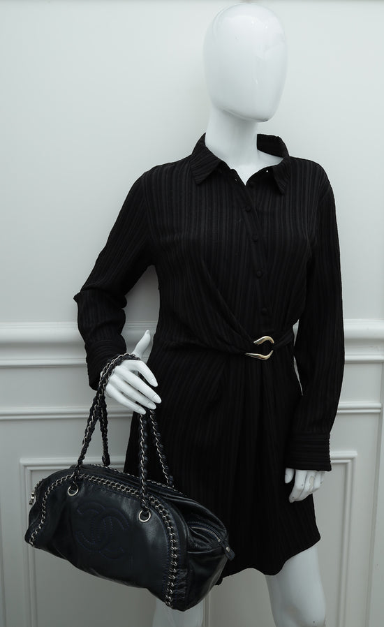 Authentic Black Patent Leather Chanel Medium Luxe Ligne Bowler Bag