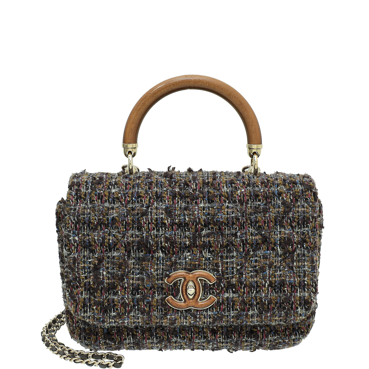 Chanel Brown Multicolor CC Wood Coco Handle Tweed Mini Flap Bag-Chanel-THE CLOSET