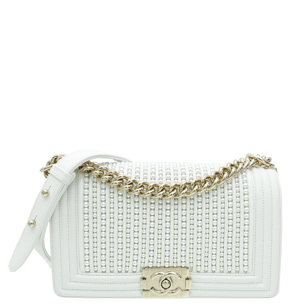 Chanel White Vertical Pearl Embellished Le Boy Medium Bag