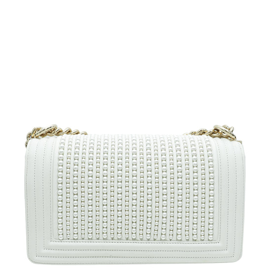 Chanel White Vertical Pearl Embellished Le Boy Medium Bag