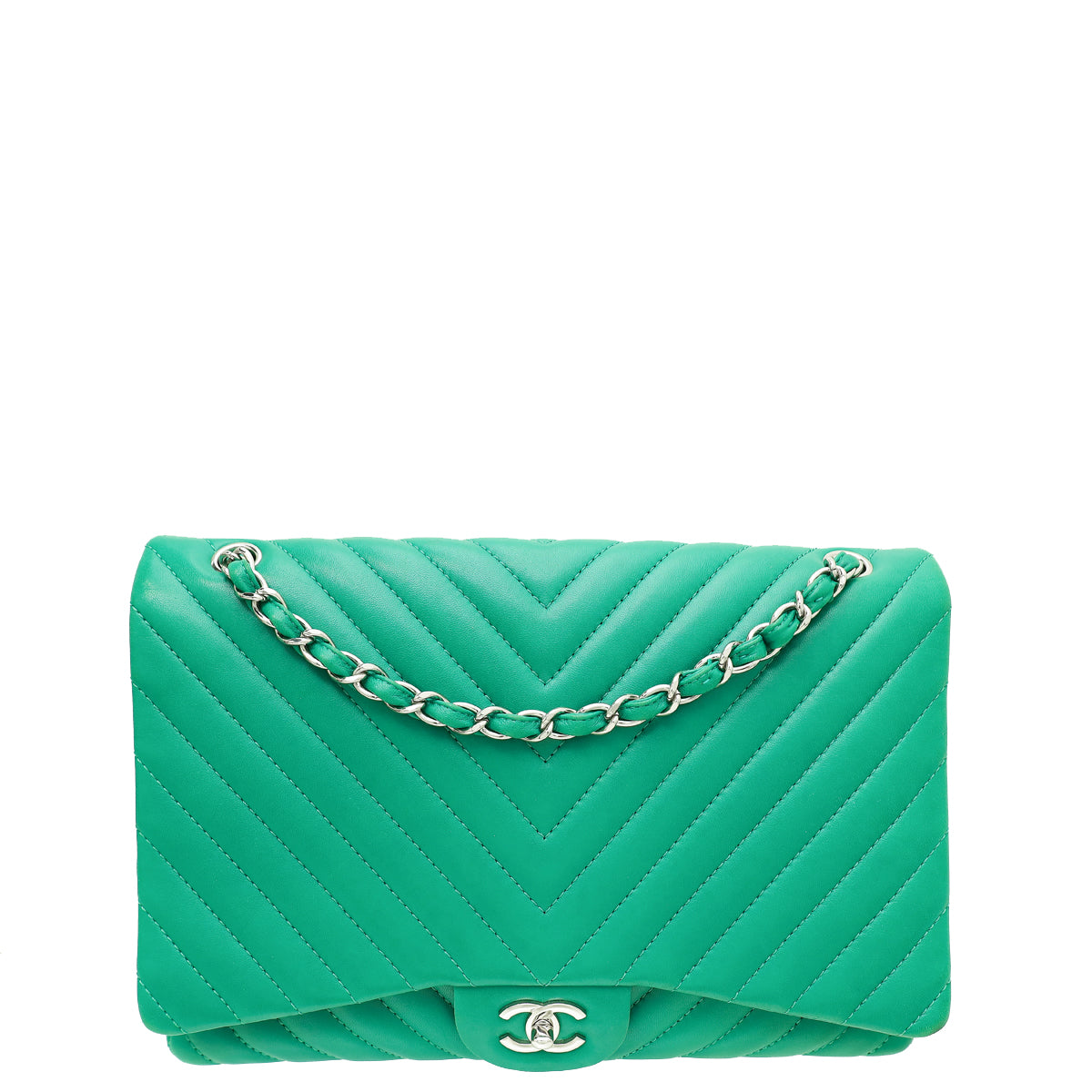 Chanel Green CC Classic Chevron Single Flap Maxi Bag