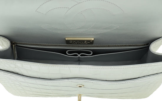 Chanel Metallic Grey CC Classic Shimmer Alligator Double Flap Jumbo Bag