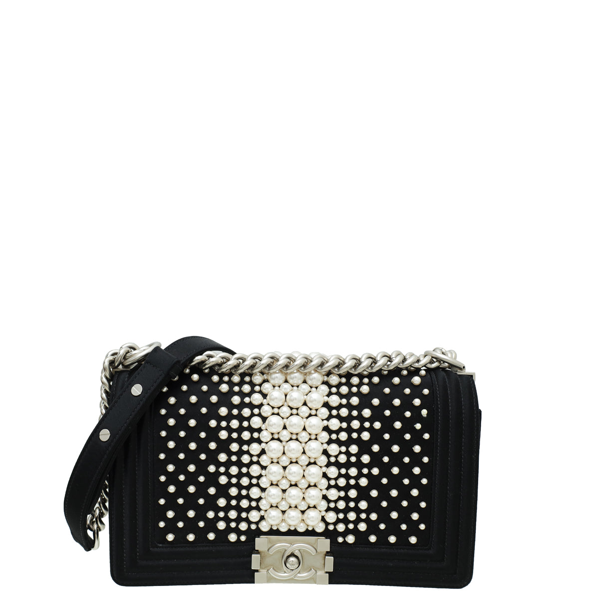 Chanel Black Satin Pearl Embellished Le Boy Medium Bag-Chanel-THE CLOSET