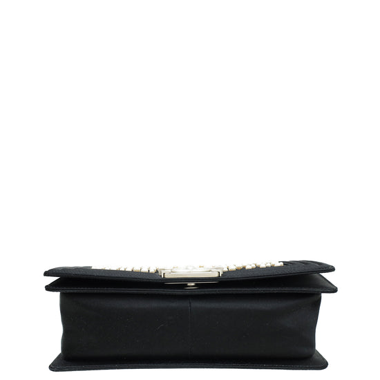 Chanel Black Satin Pearl Embellished Le Boy Medium Bag