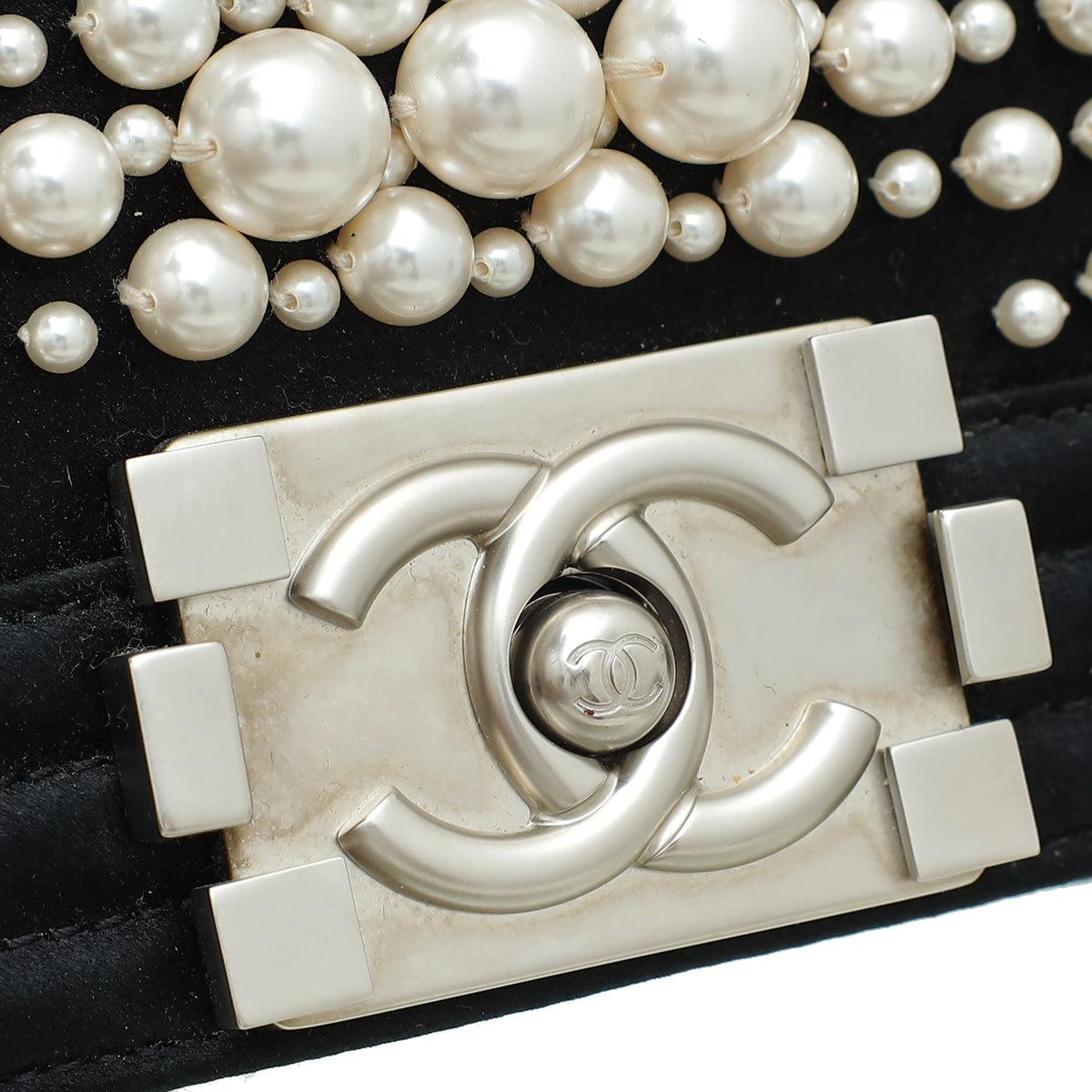 Chanel Black Satin Pearl Embellished Le Boy Medium Bag