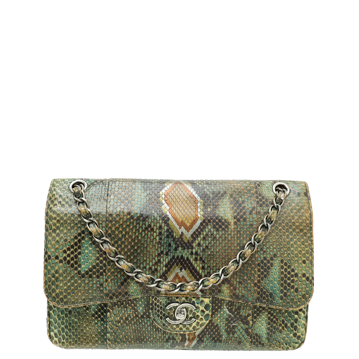 Chanel Green Multicolor Python Classic Double Flap Jumbo Bag-Chanel-THE CLOSET