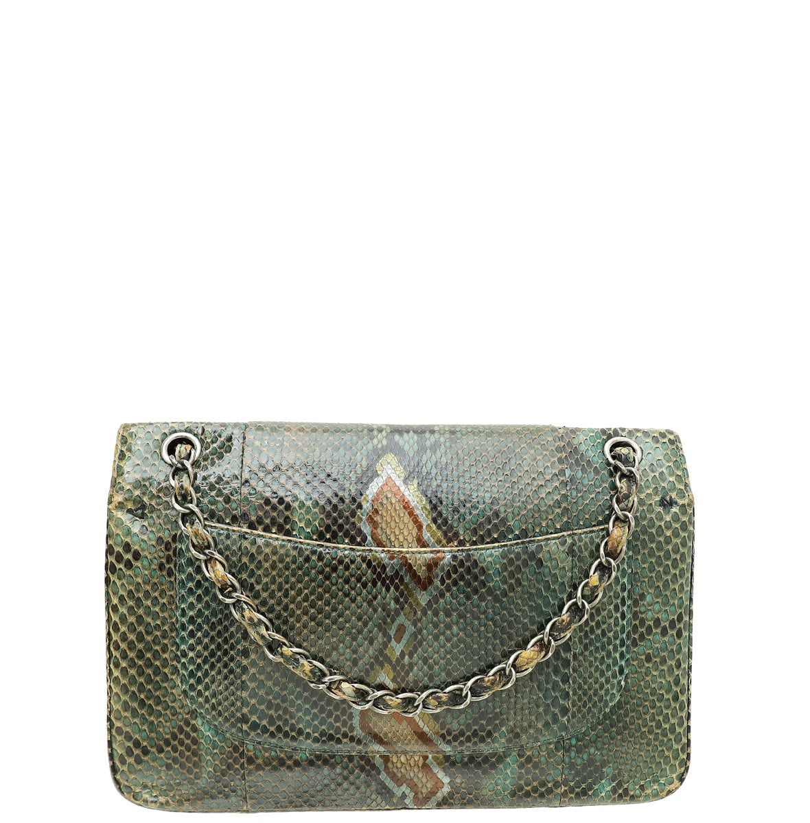 Chanel Green Multicolor Python Classic Double Flap Jumbo Bag
