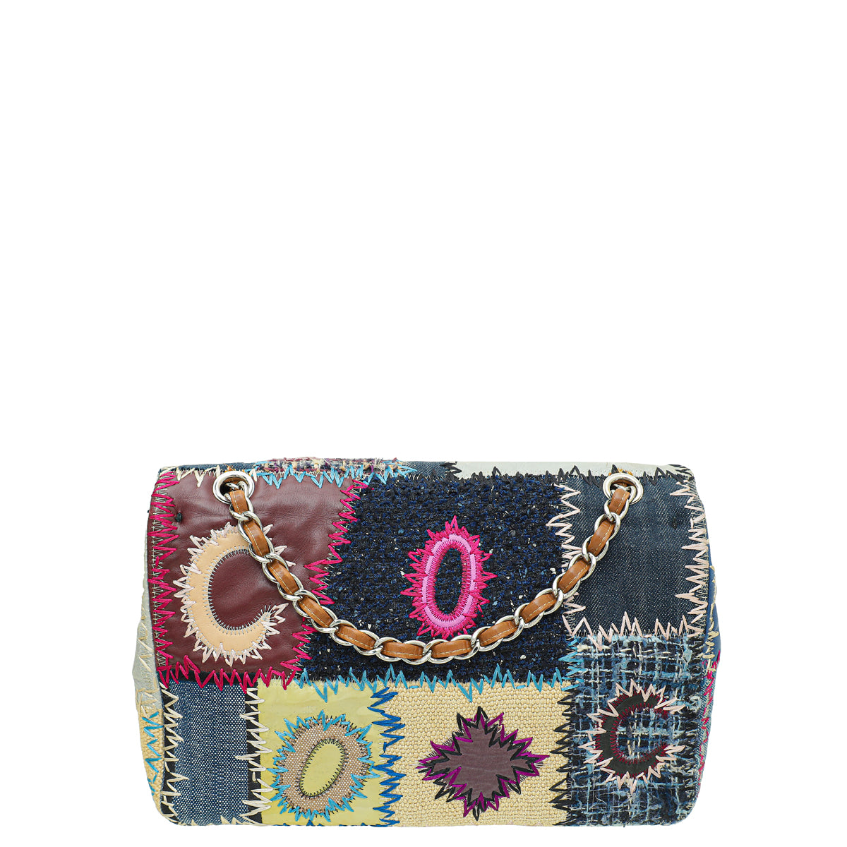 Chanel Blue Multicolor CC Tweed Denim Patchwork Single Flap Jumbo Bag