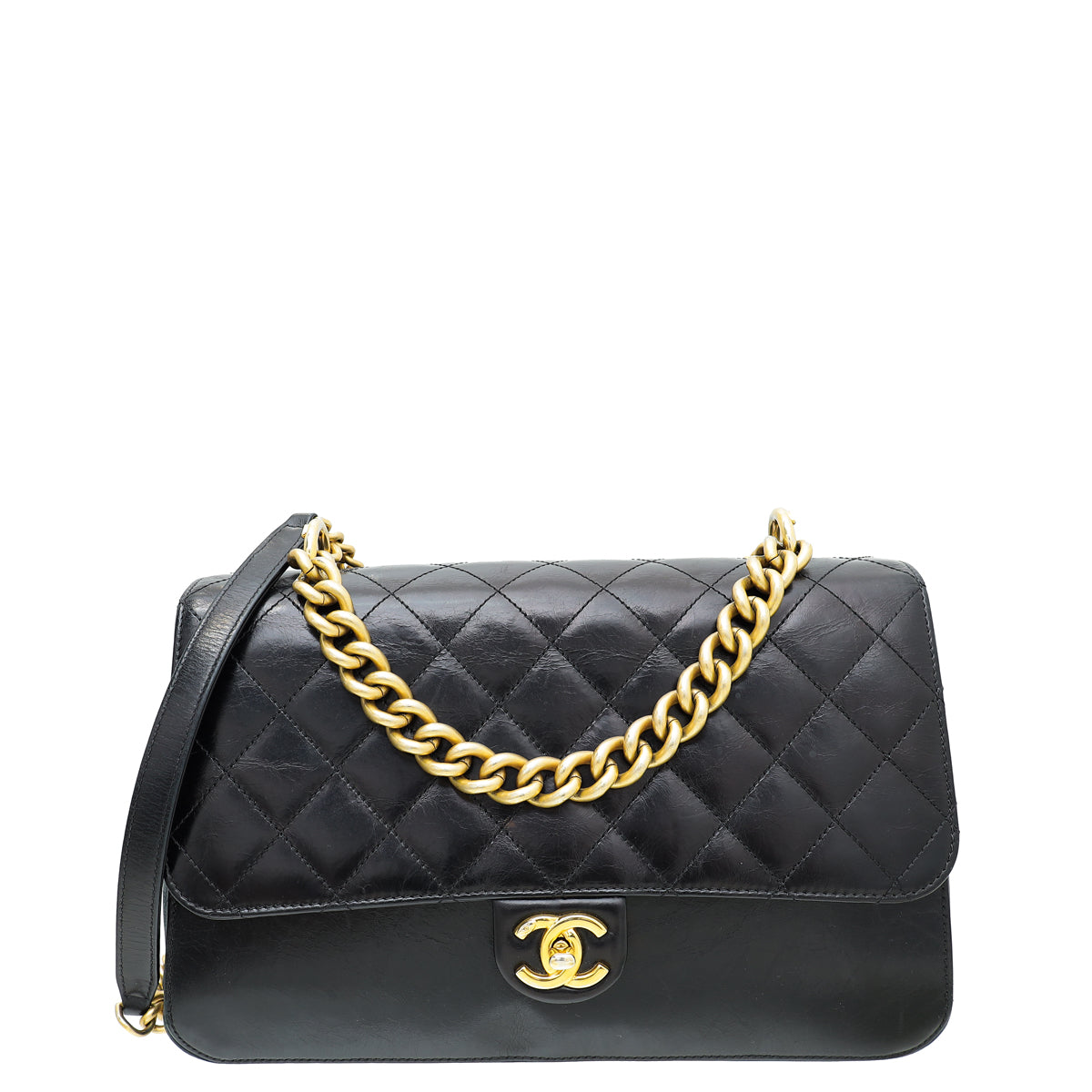 Chanel Black CC Glazed Straight Line Large Bag