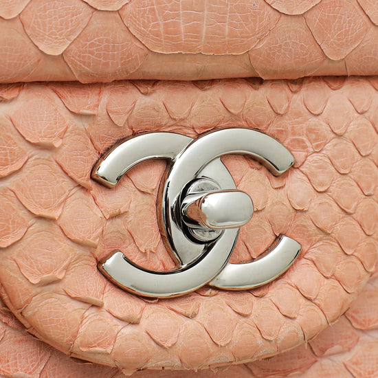 Chanel Peach Python CC Classic Double Flap Jumbo Bag