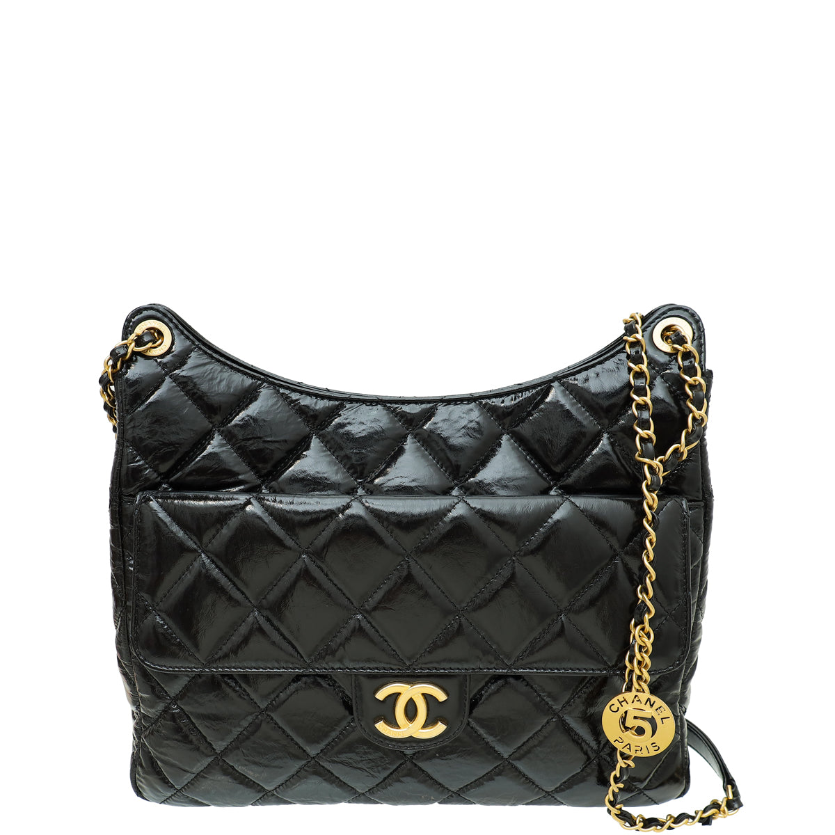 Chanel Black CC Wavy Charm Shiny Crumpled Hobo Large Bag-Chanel-THE CLOSET
