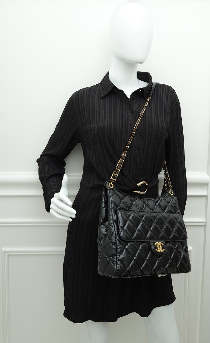 Chanel Black CC Wavy Charm Shiny Crumpled Hobo Large Bag