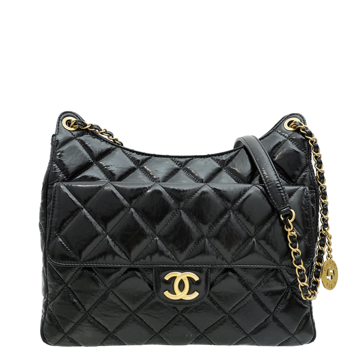 Chanel Black CC Wavy Charm Shiny Crumpled Hobo Large Bag-Chanel-THE CLOSET