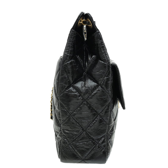 Chanel Black CC Wavy Charm Shiny Crumpled Hobo Large Bag