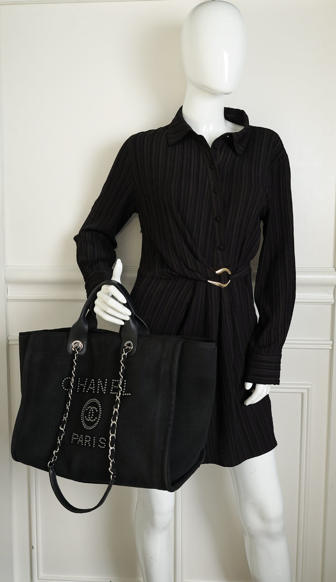 Chanel Black CC Pearl Deauville Mixed Fibers Medium Tote Bag