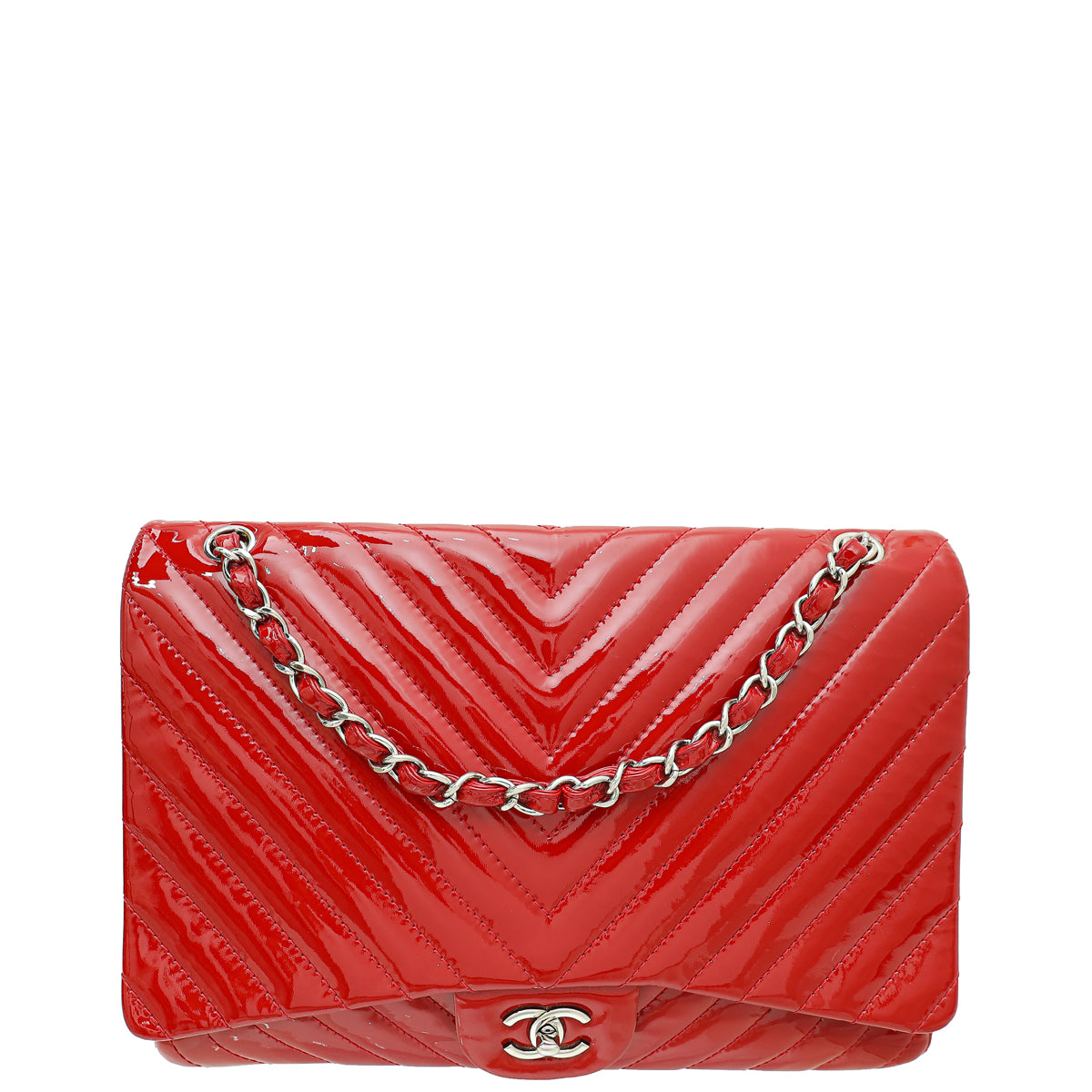 Chanel Red Chevron Classic Single Flap Maxi Bag
