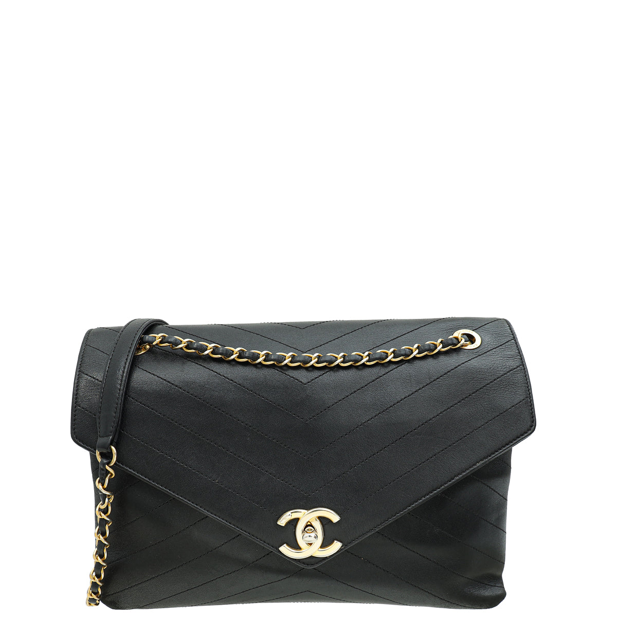 Chanel Black CC Chevron Stitched Large Envelope Flap Bag