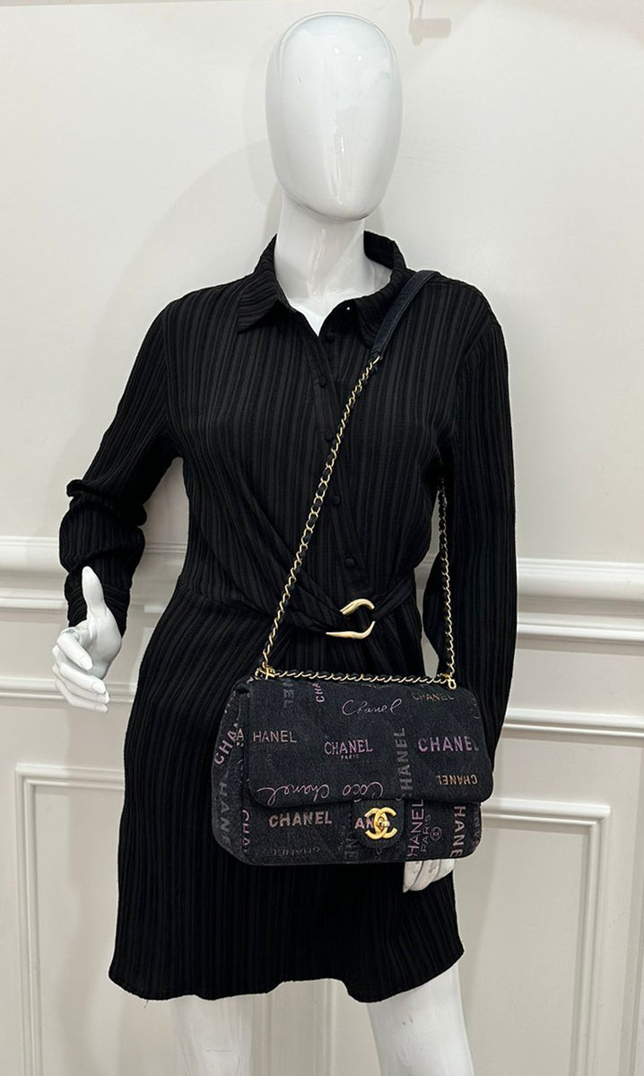 Chanel Black Multicolor CC Denim Logo Print Small Flap Bag