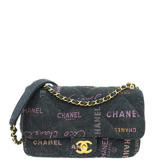 Chanel Black Multicolor CC Denim Logo Print Small Flap Bag