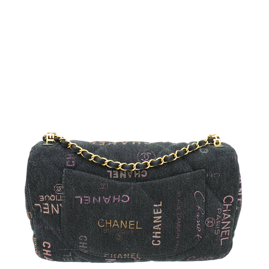 Chanel Black Multicolor CC Denim Logo Print Small Flap Bag