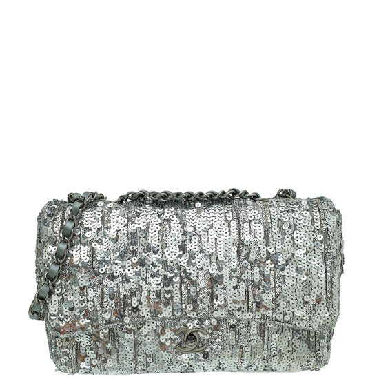 Chanel Silver CC Sequin Embroidered Flap Medium Bag