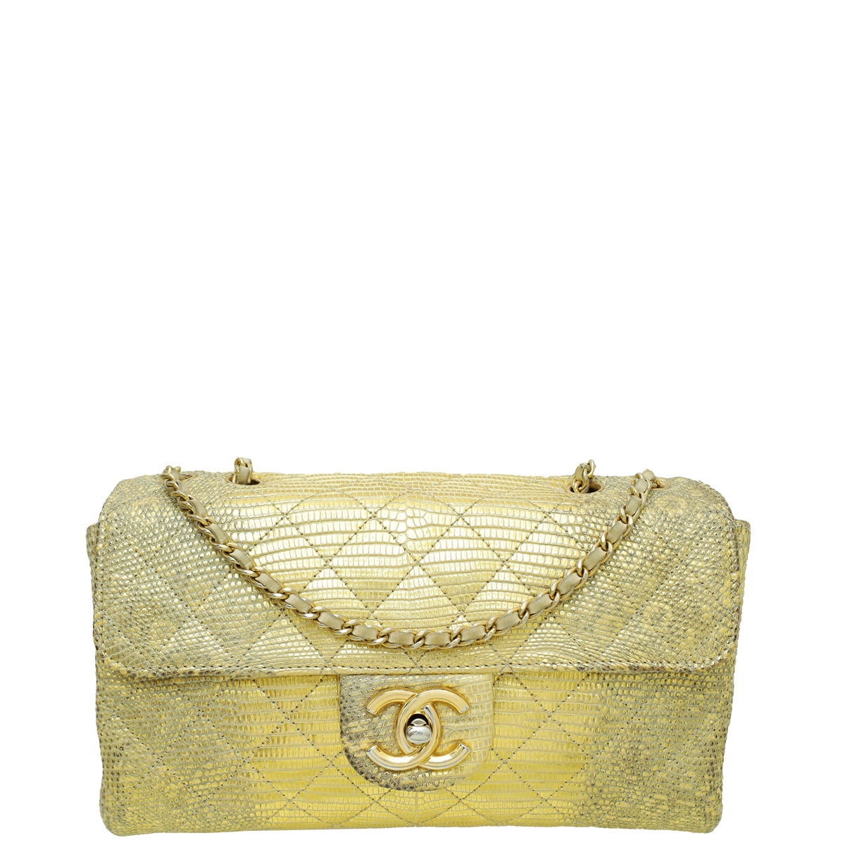 Chanel Gold CC Metallic Lizard Accordion Flap Bag