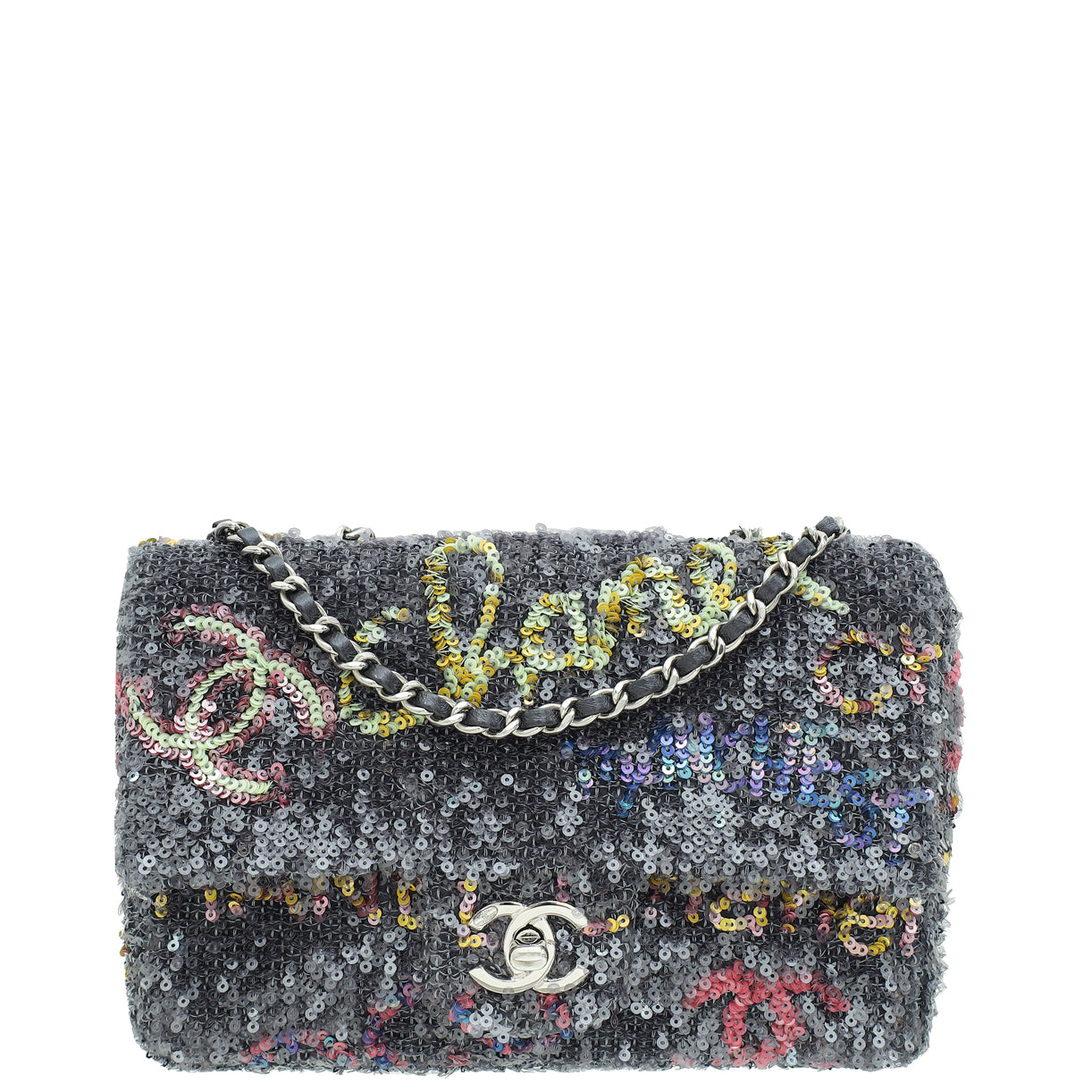 Chanel Grey Multicolor Logo CC Sequins Small Flap Evening Bag