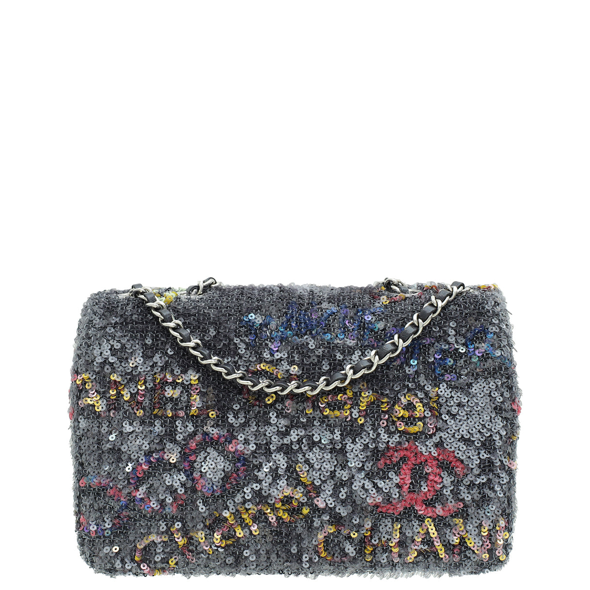 Chanel Grey Multicolor Logo CC Sequins Small Flap Evening Bag