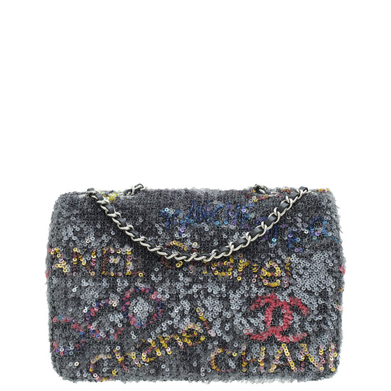 Chanel Grey Multicolor Logo CC Sequins Small Flap Evening Bag